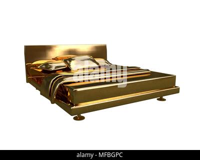 3D rendering di una golden bed isolato su uno sfondo bianco Foto Stock