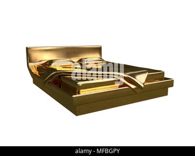 3D rendering di una golden bed isolato su uno sfondo bianco Foto Stock
