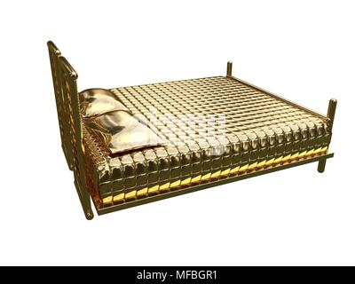 3D rendering di una golden bed isolato su uno sfondo bianco Foto Stock