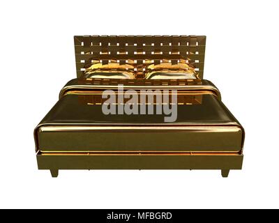 3D rendering di una golden bed isolato su uno sfondo bianco Foto Stock
