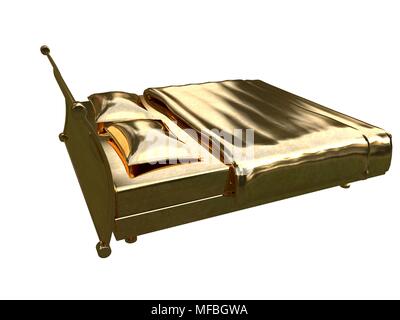 3D rendering di una golden bed isolato su uno sfondo bianco Foto Stock