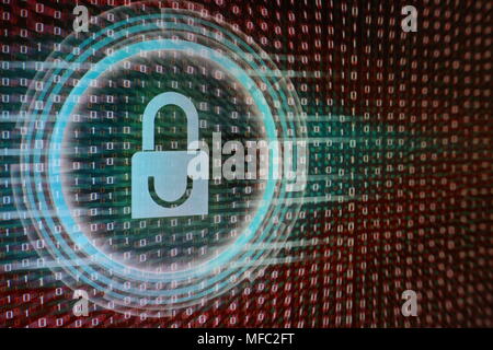 Riservatezza dei dati le informazioni di sicurezza sociale nel cyber età. Blue icona a forma di lucchetto, cerchio di energia di luce circostante, sul rosso codice binario bit movimento fluente in Foto Stock