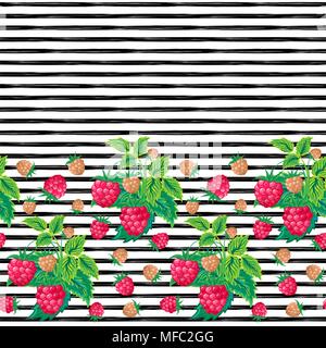 Vettore di Seamless pattern. Luminose disegnati a mano modello di lampone sulle strisce bianche e nere sullo sfondo. Illustrazione Vettoriale