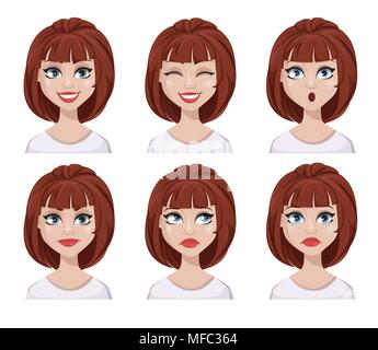 Le espressioni di viso di donna con capelli castani. Diverse emozioni femmina set. Bellissimo personaggio dei fumetti. Illustrazione di vettore isolato su bianco backgroun Illustrazione Vettoriale