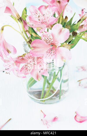 Profumo di rosa alstroemeria fiori in un vaso di vetro close-up Foto Stock