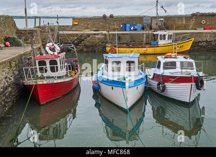 Quattro coloratissimi locali irlandesi barche da pesca ormeggiate fino a bassa marea nel porto di Fethard nella Contea di Wexford, Irlanda meridionale. Foto Stock