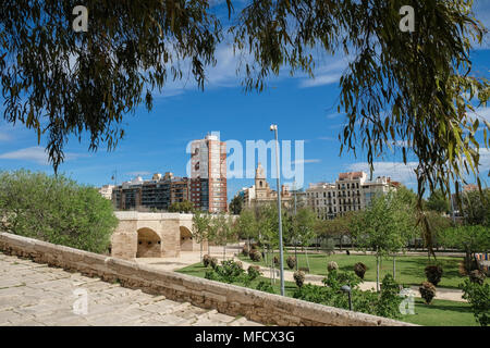 Dai giardini di Turia (Jardines del Turia), un 9km ex alveo fluviale che corre attraverso il centro della città convertita in un giardino pubblico, Valencia, Spagna Foto Stock