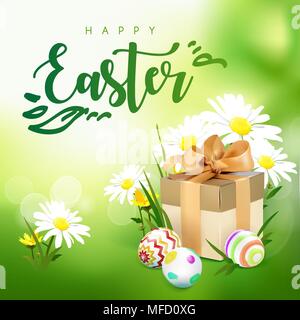 Easter Card con scatola regalo, uova e fiori Illustrazione Vettoriale