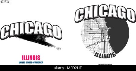 Chicago, Illinois, logo design. Due in un vettore arti. Grande con logo vintage lettere con bello sfondo colorato e uno-colore-versione con mappa per Illustrazione Vettoriale