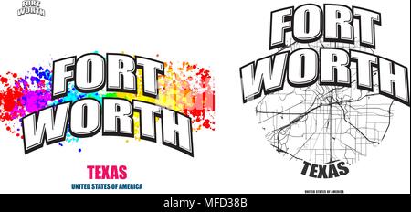 Fort Worth, Texas, logo design. Due in un vettore arti. Grande con logo vintage lettere con bello sfondo colorato e uno-colore-versione con mappa per Illustrazione Vettoriale