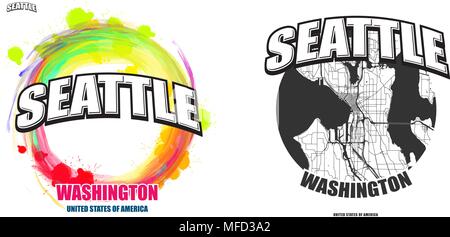 Seattle, Washington, logo design. Due in un vettore arti. Grande con logo vintage lettere con bello sfondo colorato e uno-colore-versione con mappa fo Illustrazione Vettoriale