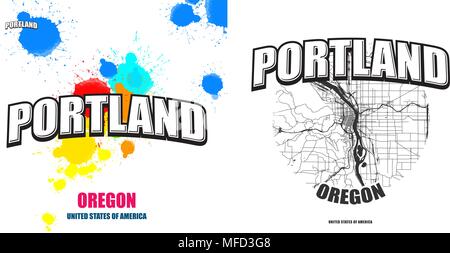 Portland, Oregon, logo design. Due in un vettore arti. Grande con logo vintage lettere con bello sfondo colorato e uno-colore-versione con mappa per e Illustrazione Vettoriale