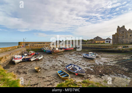 Barche da pesca giacciono sul limo a bassa marea nel porto interno di Slade borgo dominato dal castello e rovine. Slade, County Wexford, io meridionale Foto Stock