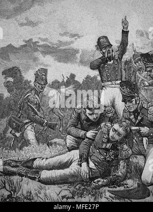 La morte di Sir John Moore (esercito britannico) nella battaglia di La Coruña. 1809. Guerra Peninsulare. Guerre napoleoniche. Incisione del XIX secolo. Foto Stock