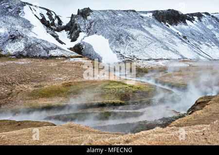 Vicino Hveragerði, Islanda. Il vapore passando da energia geotermica il fiume caldo a Reykjadalur Foto Stock