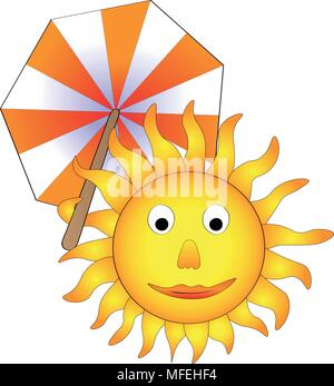 Illustrazione Vettoriale, sorridenti sun con ombrellone, strano concetto di estate sta arrivando Illustrazione Vettoriale