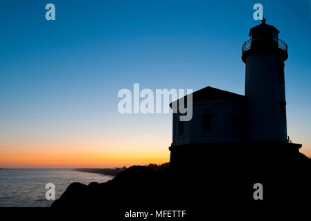 Fiume Coquille faro al tramonto; Bandon, Oregon. Foto Stock
