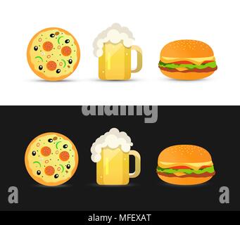 Una gustosa pizza e birra e hamburger Illustrazione Vettoriale