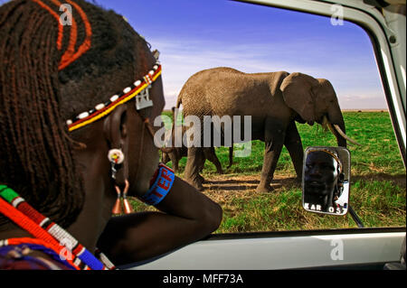 MASAI guida nel veicolo guardando gli elefanti. Nei pressi del Parco Nazionale Amboseli, Kenya Foto Stock