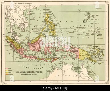 Mappa di Sumatra e Borneo, Nuova Guinea e Isole adiacenti, 1870s. Stampa Litografia a colori Foto Stock