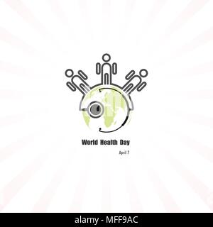 Segno del globo,icona umana e vettore di uno stetoscopio logo design template.Giornata Mondiale della Salute icon.Giornata Mondiale della Salute idea concetto della campagna per il biglietto di auguri e p Illustrazione Vettoriale