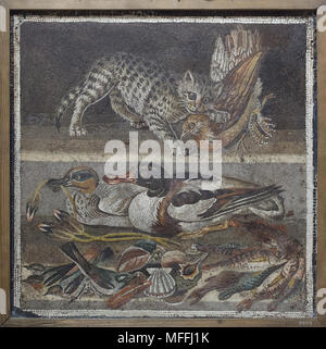 Cat attaccando una pernice e anatre, uccelli, pesci e crostacei raffigurati in mosaico romano dalla Casa del Fauno (Casa del Fauno) a Pompei, ora esposti nel Museo Archeologico Nazionale (Museo Archeologico Nazionale di Napoli) in Napoli, campania, Italy. Eurasian teal (Anas crecca) a sinistra e la comune shelduck (Tadorna tadorna) a destra sono raffigurati in mosaico. Foto Stock