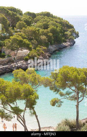 Cala d'Or, Mallorca, Spagna - Agosto 2016 - Una vista sulla spiaggia di Cala d'Or attraverso pochi alberi Foto Stock