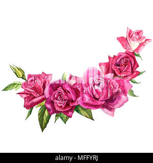 Impostare gli elementi di acquerelli di rose. Collezione giardino di fiori di rosa, foglie e rami. Illustrazione botanico isolati su sfondo bianco. Bocciolo di rose Foto Stock