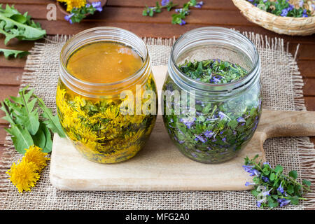 Due vasi di vetro riempito con terra fiorente-ivy, di tarassaco e miele per preparare in casa lo sciroppo a base di erbe Foto Stock