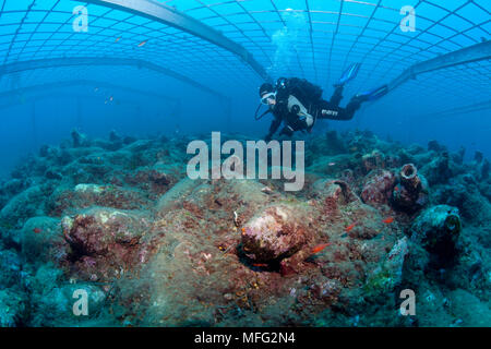 Scuba Diver esplora Cavtat, uno dei campi più grandi di anfore in Croazia. Abbiamo trovato più di 600 anfore utilizzate per il trasporto di vino e olio Foto Stock