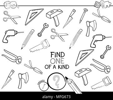 Bianco e Nero Cartoon illustrazione di trovare un tipo di immagine attività didattica gioco per bambini con oggetti strumenti libro da colorare Illustrazione Vettoriale