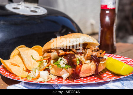 A casa di pollo alla brace con slaw asiatico servito a sandwich con una salamoia e patatine serviti su una targhetta rossa in una giornata di sole in California del Sud Foto Stock