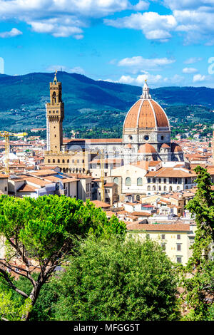 Vista su Firenze e sul bellissimo Duomo dal Giardino Bardini di Firenze Foto Stock