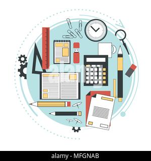 La formazione a distanza, corsi online, di brainstorming, l'aumento della conoscenza,la scuola e l università soggetti. Il successo e le idee, il processo di apprendimento. Line art. Il vettore Illustrazione Vettoriale