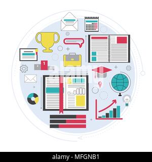 La formazione a distanza, corsi online, di brainstorming, l'aumento della conoscenza,la scuola e l università soggetti. Il successo e le idee, il processo di apprendimento. Line art. Il vettore Illustrazione Vettoriale