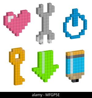 Cuore, chiave, pulsante di alimentazione carico, matita nella progettazione di pixel. Illustrazione Vettoriale Illustrazione Vettoriale