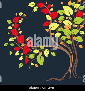 Un bellissimo albero solitario con foglie colorate a forma di cuore. Illustrazione Vettoriale Illustrazione Vettoriale
