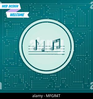 Note musicali icona su uno sfondo verde, con frecce in direzioni diverse. Appare sulla scheda elettronica. Illustrazione Vettoriale Illustrazione Vettoriale