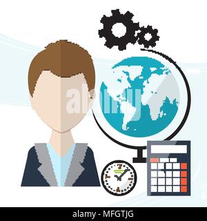 Flusso di lavoro di pianificazione. Contro lo sfondo di articoli per ufficio come orologi, penne, agenda, calendario. Illustrazione Vettoriale Illustrazione Vettoriale