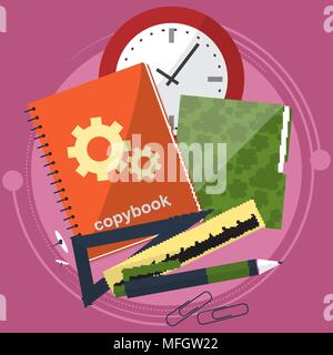 I libri di scuola e di processo. Scrittura e disegno in zoshite. Office prednadlezhnosti e soggetti in studio. Si torna a scuola. Illustrazione Vettoriale Illustrazione Vettoriale