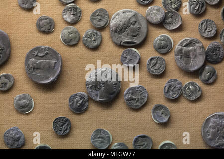 Il Greco antico monete d'argento (didrachm e altri) dal tesoro trovato in Cales datato l'ultimo decennio del IV secolo A.C. in mostra al Museo Archeologico Nazionale (Museo Archeologico Nazionale di Napoli) in Napoli, campania, Italy. Foto Stock