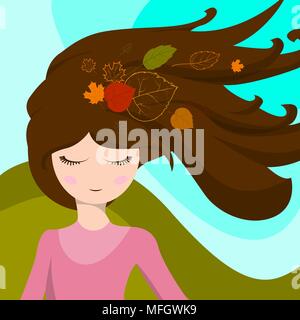Ragazza carina con foglie tra i capelli che sono sviluppati nel vento. Illustrazione Vettoriale Illustrazione Vettoriale