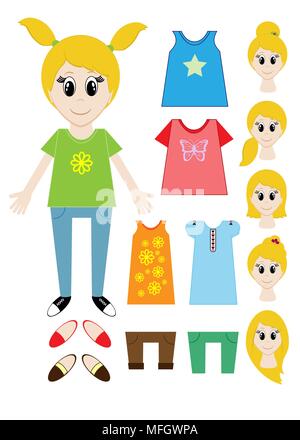 Grande set di vestiti per la ragazza costruttore. Acconciatura, abbigliamento, scarpe, pantaloni, T-shirt. Illustrazione Vettoriale Illustrazione Vettoriale