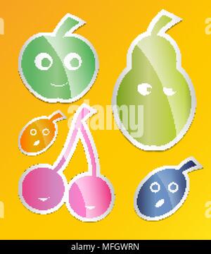 Berry icon set. Le etichette con le bacche mele pere, prugne, albicocche, ciliegie stile piatto. Illustrazione Vettoriale Illustrazione Vettoriale