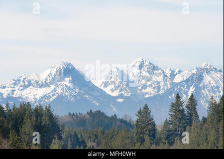 Panorama del Lago Alpsee mostra le montagne da sinistra a destra di Gehrenspitze, Kollenspitze, lago Haldensee, Tannheimer Berge, Baviera, Germania Foto Stock