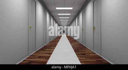 Hotel o di un ufficio edificio corridoio vuoto con sportelli grigi e in legno e pavimento di marmo. 3d illustrazione Foto Stock