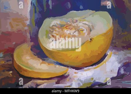 Il melone. Olio su tela texture. Dipinti a mano. Arte moderna. Illustrazione Vettoriale