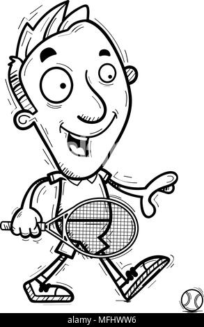 Un cartoon illustrazione di un uomo giocatore di tennis a piedi. Illustrazione Vettoriale