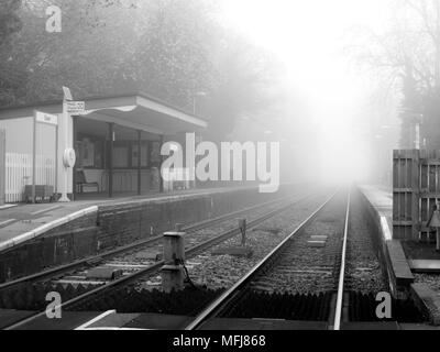 West Dean stazione ferroviaria, inizio nebbiosa mattina di primavera, situato sull'Hampshire Wiltshire che serve di confine Southampton a Salisbury Foto Stock