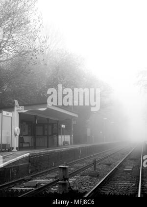 West Dean stazione ferroviaria, inizio nebbiosa mattina di primavera, situato sull'Hampshire Wiltshire che serve di confine Southampton a Salisbury Foto Stock